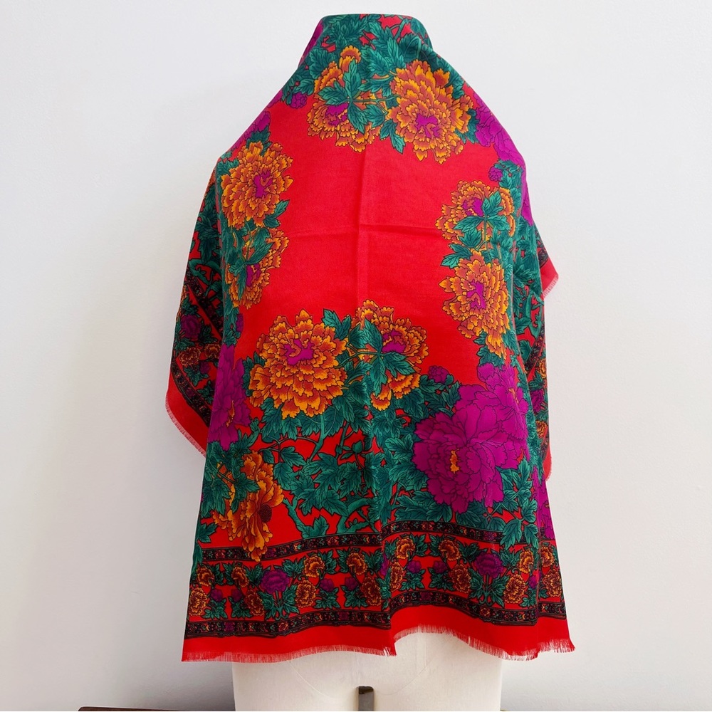 Vintage Challis Red Green Floral Square Scarf Made in Italy Polyester